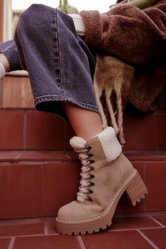 Tiler Sand Suede Faux Fur Lace-Up Ankle Boots sold by Lulus
