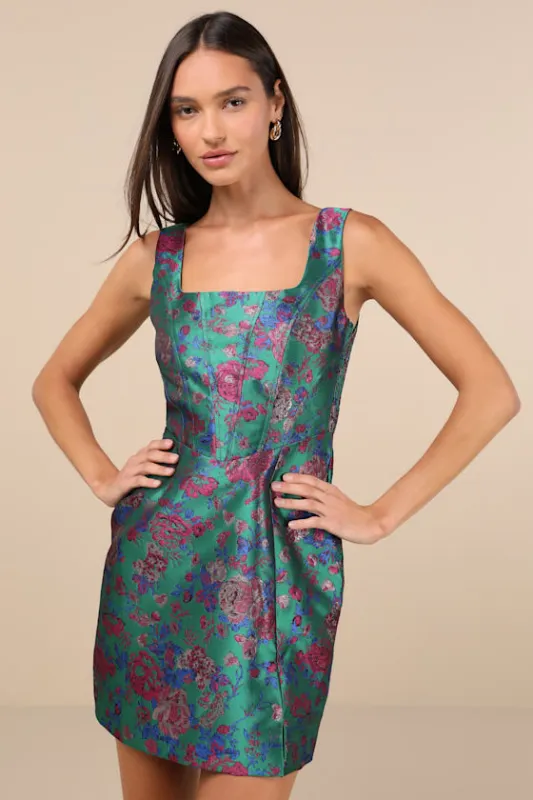 Compelling Drama Green Floral Jacquard Lurex Bustier Mini Dress sold by Lulus