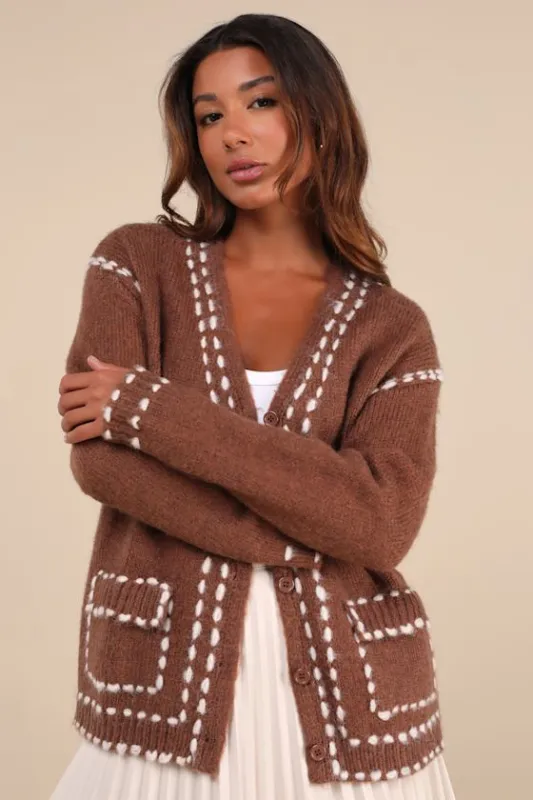Cuddly Effect Brown Contrast Stitched Cardigan Sweater sold by Lulus