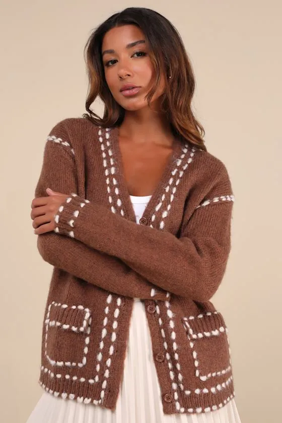 Cuddly Effect Brown Contrast Stitched Cardigan Sweater sold by Lulus