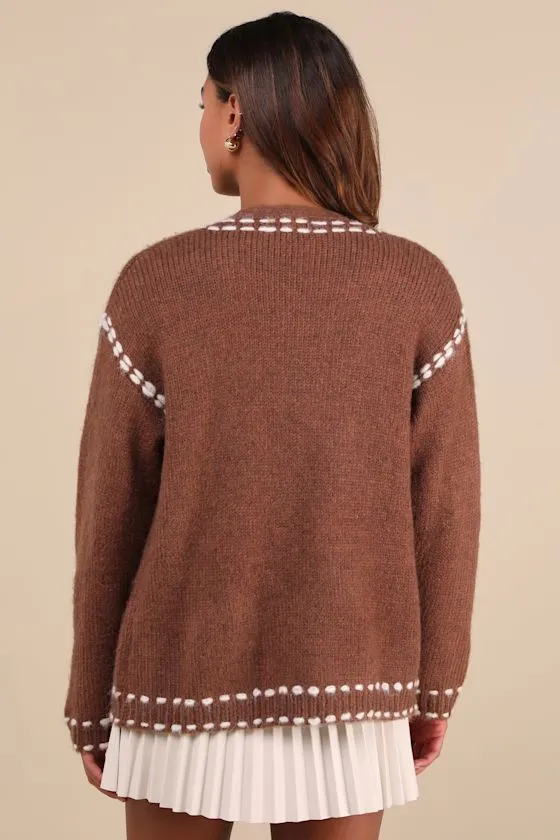 Cuddly Effect Brown Contrast Stitched Cardigan Sweater sold by Lulus product image thumbnail 2