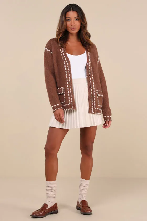 Cuddly Effect Brown Contrast Stitched Cardigan Sweater sold by Lulus product image thumbnail 3