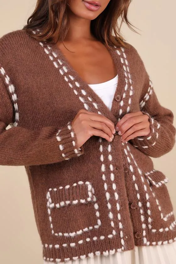 Cuddly Effect Brown Contrast Stitched Cardigan Sweater sold by Lulus product image thumbnail 4