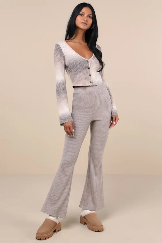 Unmatched Comfort Heather Taupe Ribbed Knit Flare Pants sold by Lulus