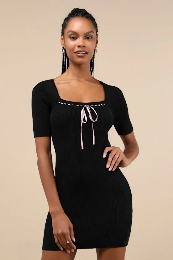 Adorable Motivation Black Ribbed Ribbon Sweater Mini Dress sold by Lulus product image thumbnail 2