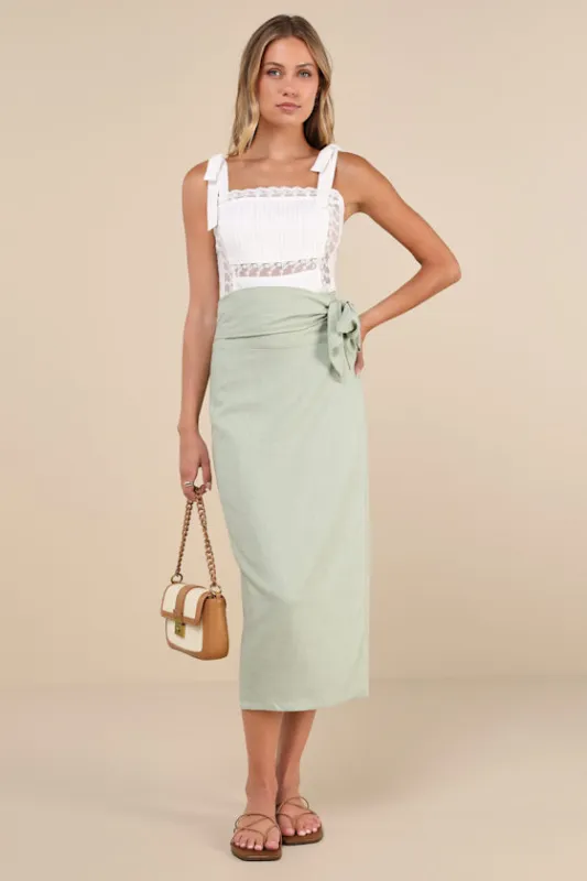 Breezy Personality Sage Green Linen Midi Wrap Skirt sold by Lulus