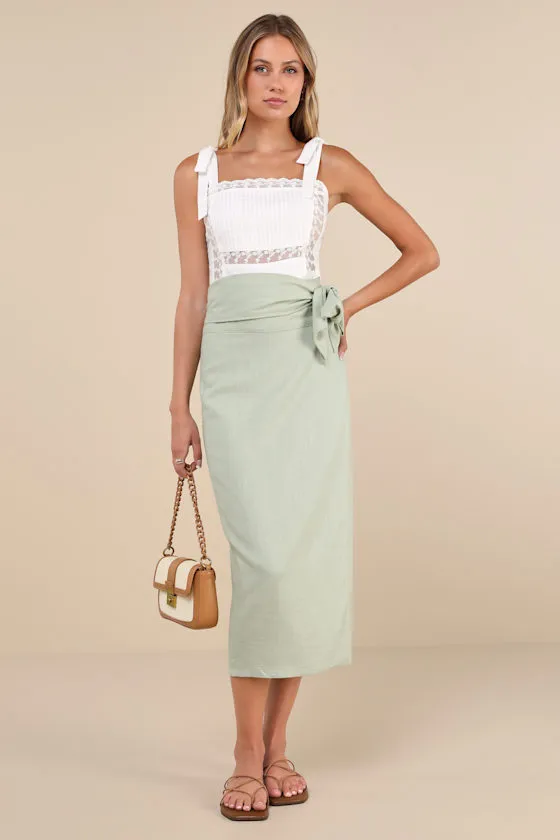 Breezy Personality Sage Green Linen Midi Wrap Skirt sold by Lulus