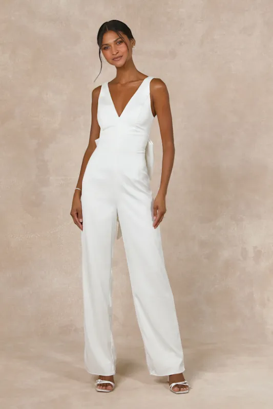 Angelic Aesthetic Ivory Satin Bow Back Sleeveless Jumpsuit sold by Lulus