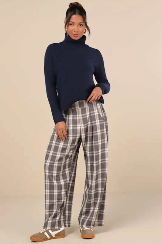 Uniquely Stylish Grey and Mauve Plaid High-Rise Wide-Leg Pants sold by Lulus