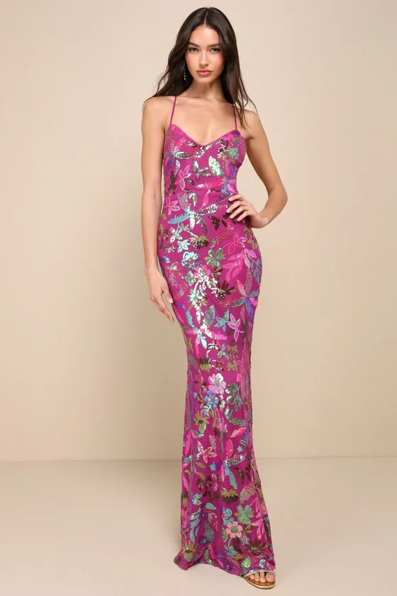 Glittering Icon Magenta Iridescent Sequin Lace-Up Maxi Dress sold by Lulus