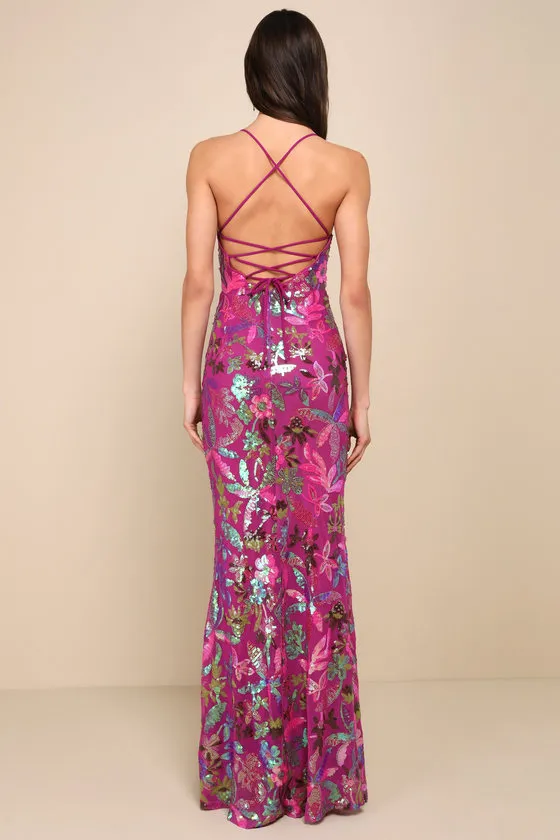 Glittering Icon Magenta Iridescent Sequin Lace-Up Maxi Dress sold by Lulus product image thumbnail 2