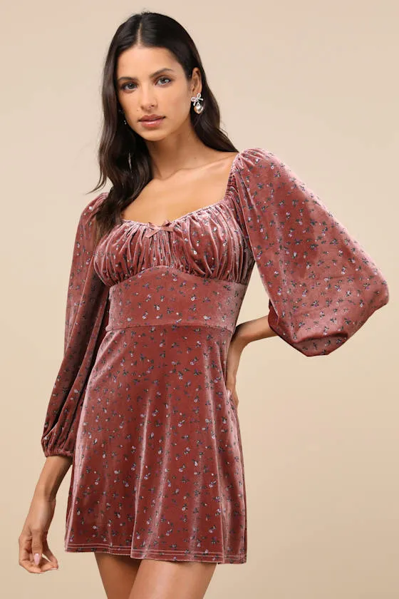 Adored Perfection Mauve Floral Velvet Balloon Sleeve Mini Dress sold by Lulus