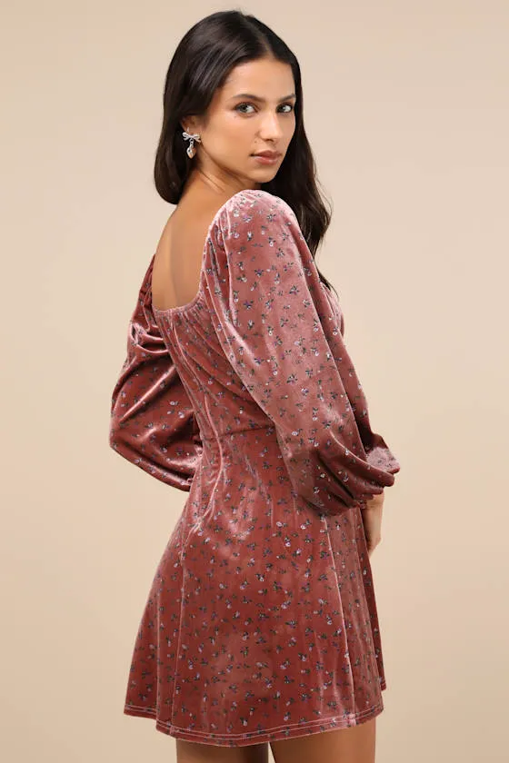 Adored Perfection Mauve Floral Velvet Balloon Sleeve Mini Dress sold by Lulus product image thumbnail 2