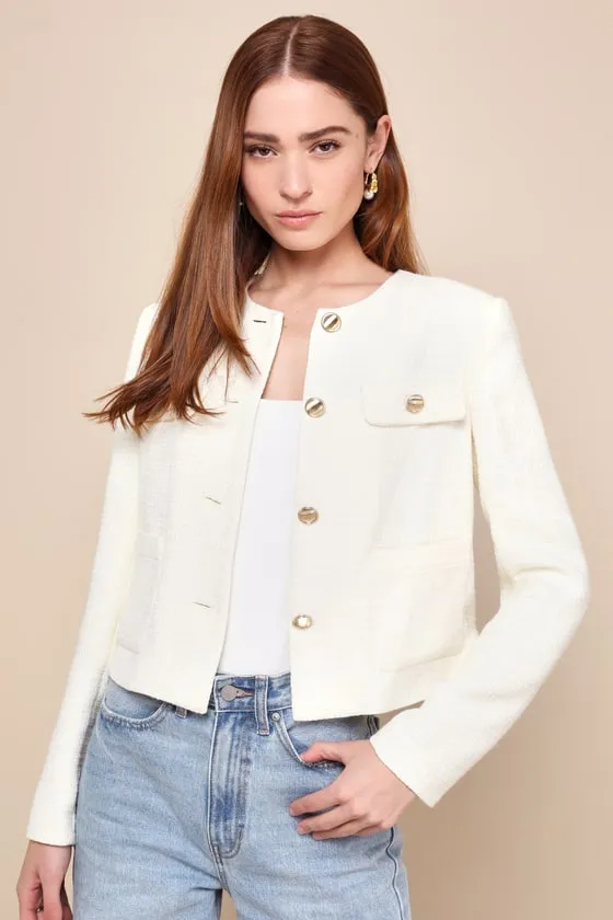 Undeniably Poised Cream Tweed Crew Neck Button-Front Blazer sold by Lulus