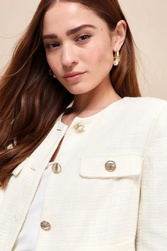 Undeniably Poised Cream Tweed Crew Neck Button-Front Blazer sold by Lulus product image thumbnail 2