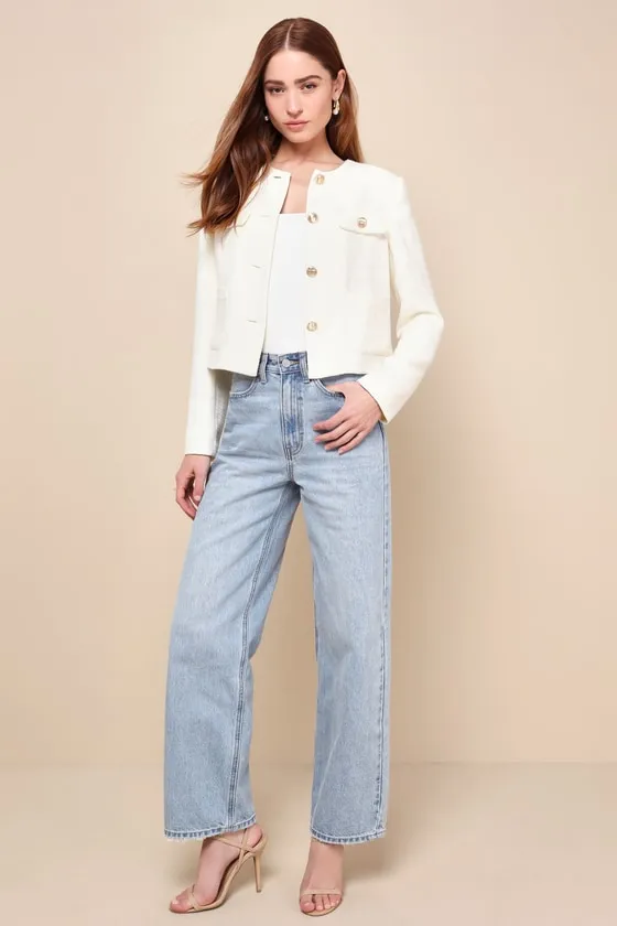 Undeniably Poised Cream Tweed Crew Neck Button-Front Blazer sold by Lulus product image thumbnail 4
