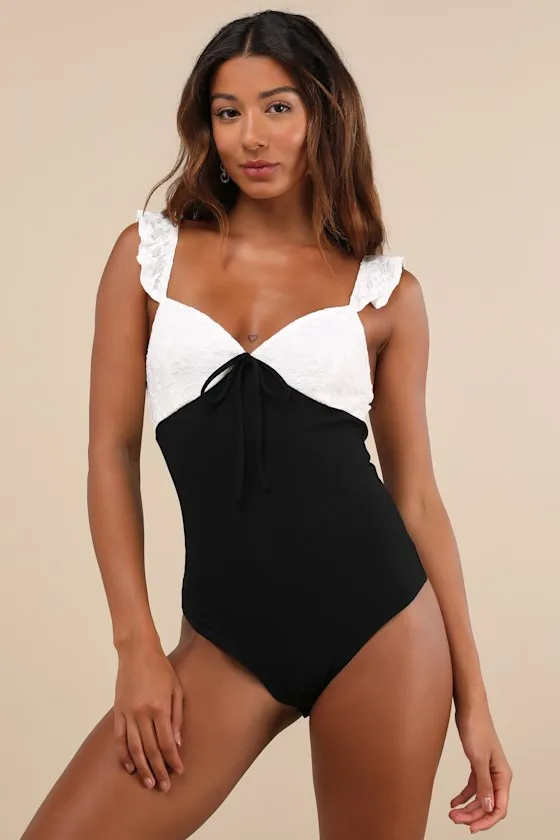 Marvelous Sweetie Ivory and Black Lace Ruffled Bow Bodysuit sold by Lulus product image thumbnail 4