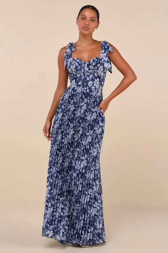 Illustrious Aura Navy Blue Floral Bustier Tie-Strap Maxi Dress sold by Lulus