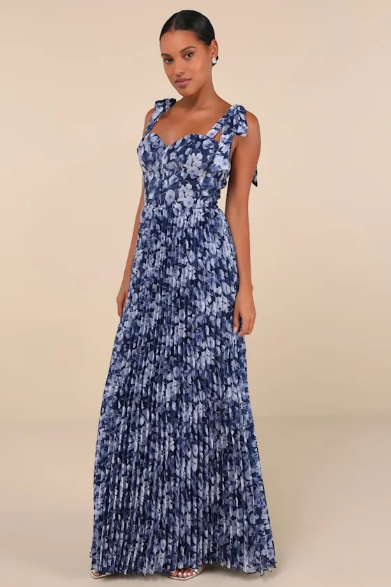 Illustrious Aura Navy Blue Floral Bustier Tie-Strap Maxi Dress sold by Lulus product image thumbnail 3