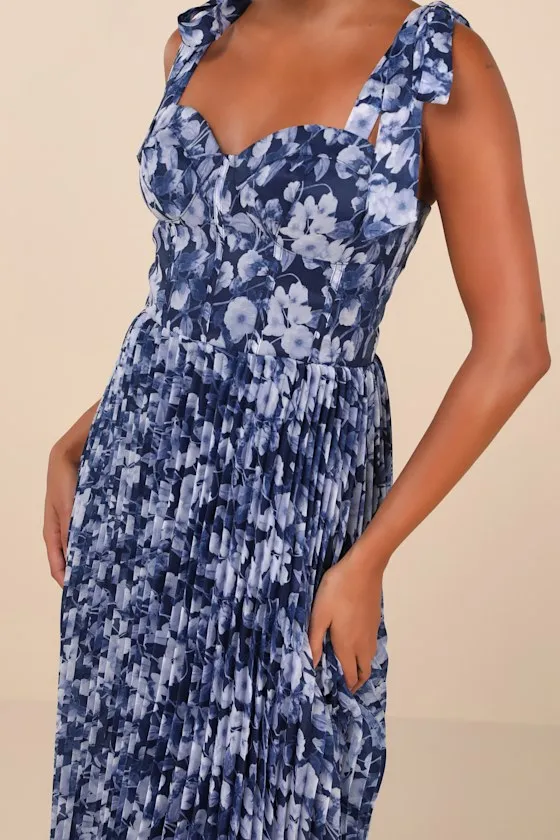 Illustrious Aura Navy Blue Floral Bustier Tie-Strap Maxi Dress sold by Lulus product image thumbnail 4