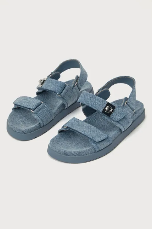 Mona Denim Blue Buckle Sandals sold by Lulus