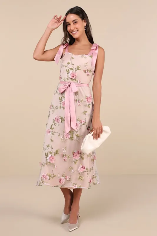 Authentic Sweetness Pink Floral Applique Tie-Strap Midi Dress sold by Lulus