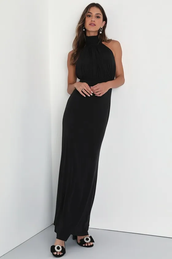 Romantic Chance Black Halter Backless Mermaid Maxi Dress sold by Lulus