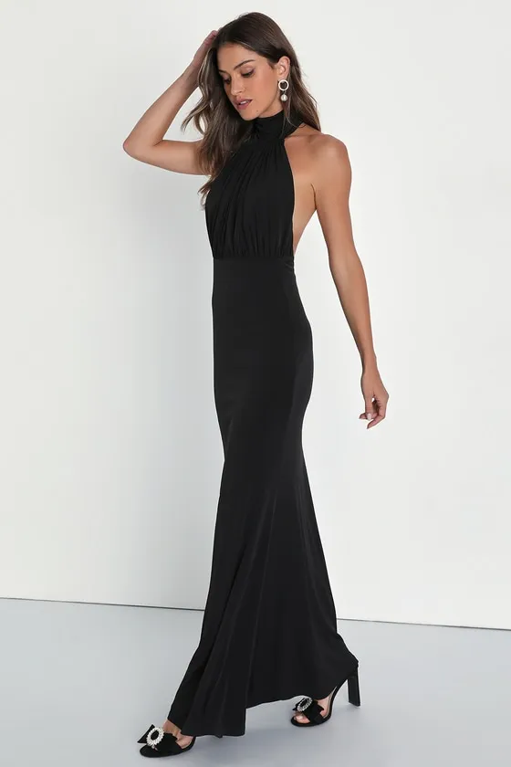 Romantic Chance Black Halter Backless Mermaid Maxi Dress sold by Lulus product image thumbnail 4