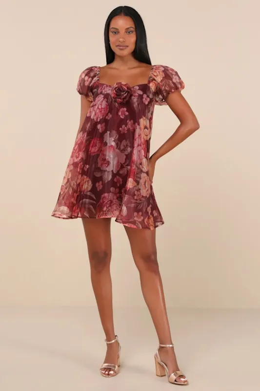Cute Flair Wine Red Floral Organza Puff Sleeve Shift Mini Dress sold by Lulus