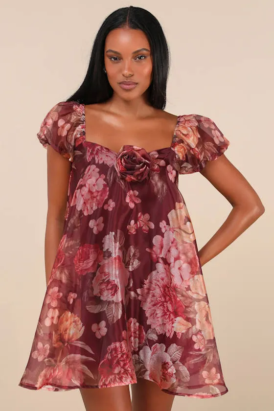 Cute Flair Wine Red Floral Organza Puff Sleeve Shift Mini Dress sold by Lulus product image thumbnail 2