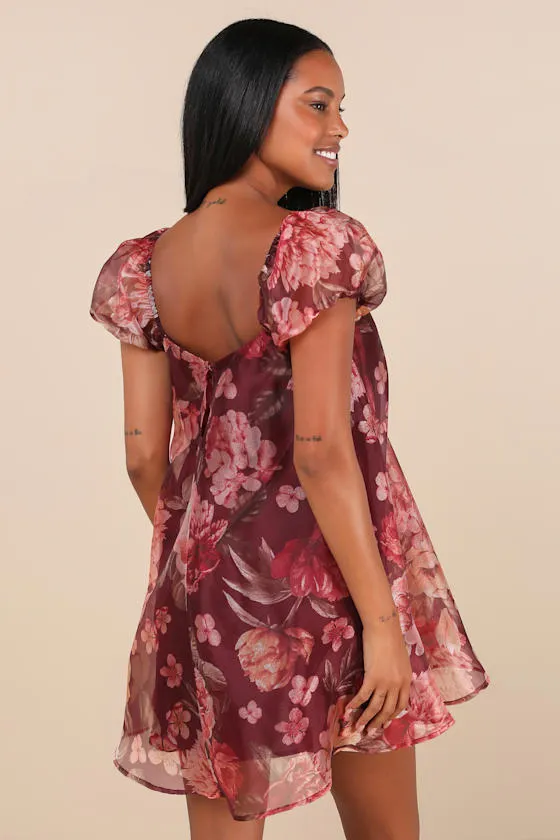 Cute Flair Wine Red Floral Organza Puff Sleeve Shift Mini Dress sold by Lulus product image thumbnail 4