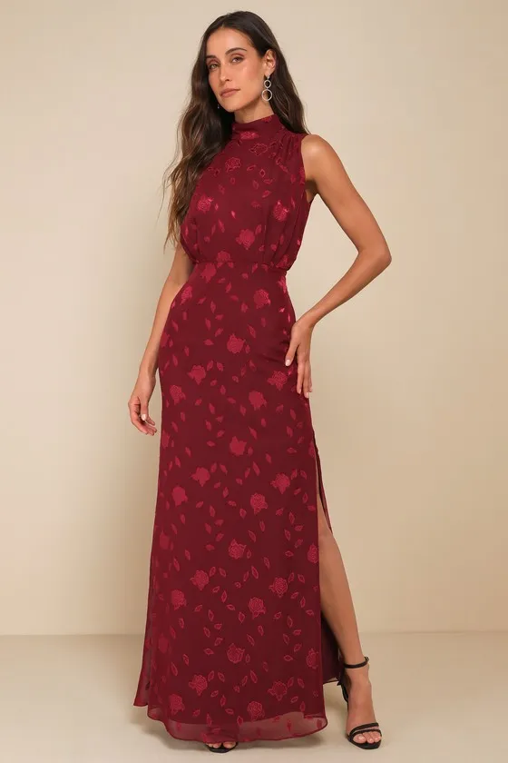 Classic Elegance Burgundy Burnout Mock Neck Maxi Dress sold by Lulus