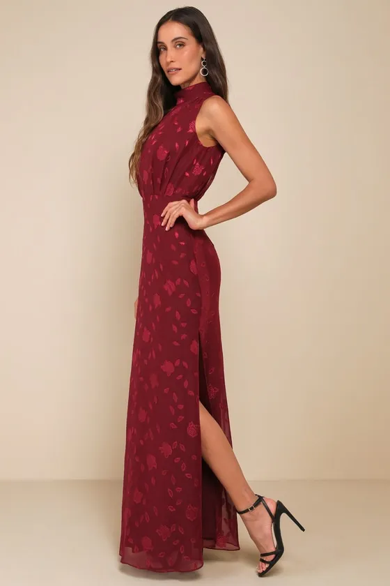 Classic Elegance Burgundy Burnout Mock Neck Maxi Dress sold by Lulus product image thumbnail 2