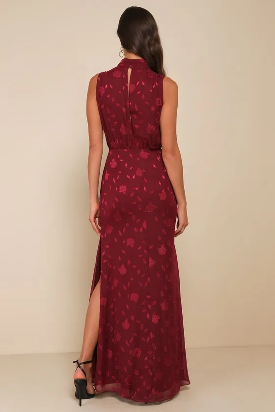 Classic Elegance Burgundy Burnout Mock Neck Maxi Dress sold by Lulus product image thumbnail 3