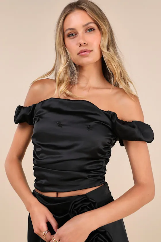 Black Rose Satin Rosette Off-the-Shoulder Puff Sleeve Top sold by Lulus