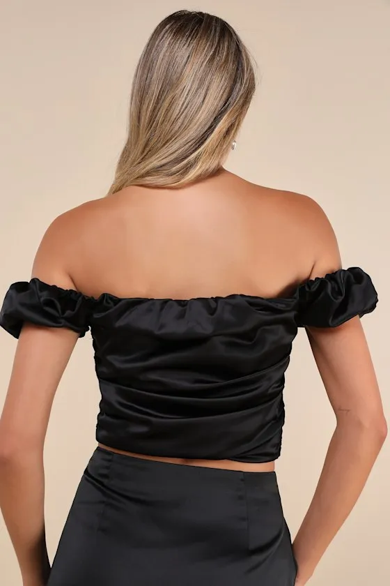 Black Rose Satin Rosette Off-the-Shoulder Puff Sleeve Top sold by Lulus product image thumbnail 2