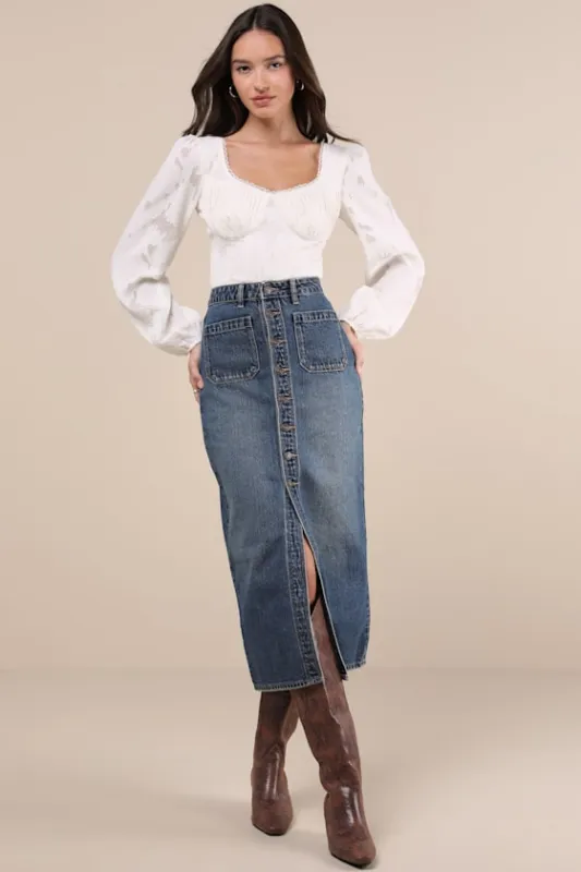 Sailor Medium Wash High-Rise Denim Midi Skirt sold by Lulus