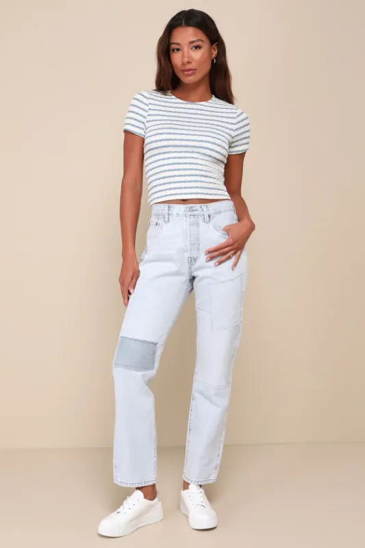 501 Crop Light Wash Patchwork Denim High-Rise Straight-Leg Jeans sold by Lulus