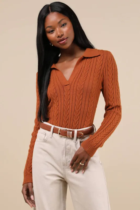 Seasonal Classic Rust Brown Cable Knit Collared Sweater Top sold by Lulus