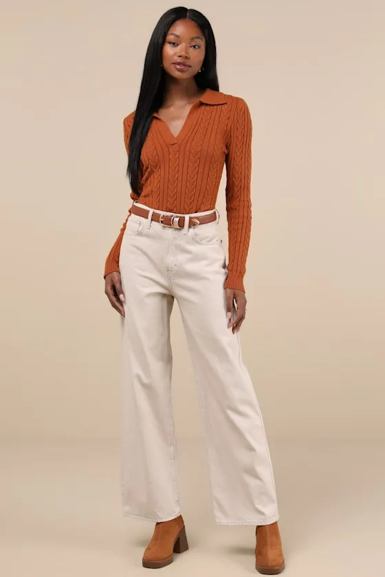 Seasonal Classic Rust Brown Cable Knit Collared Sweater Top sold by Lulus product image thumbnail 2