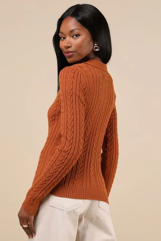 Seasonal Classic Rust Brown Cable Knit Collared Sweater Top sold by Lulus product image thumbnail 3