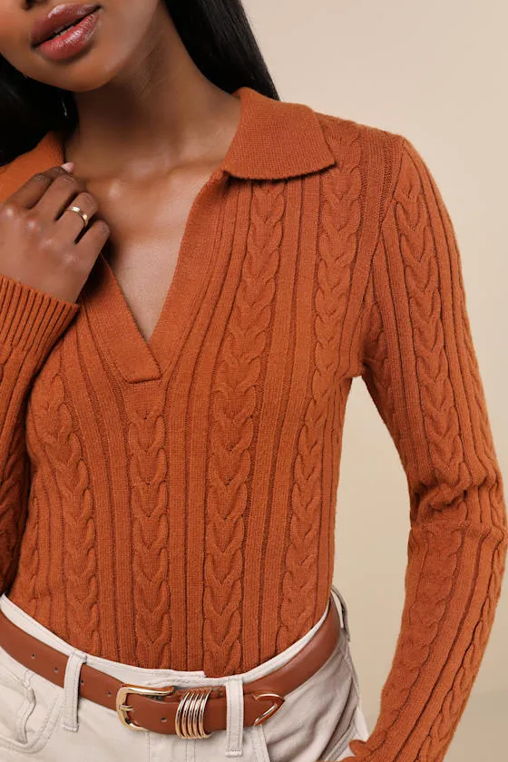 Seasonal Classic Rust Brown Cable Knit Collared Sweater Top sold by Lulus product image thumbnail 4