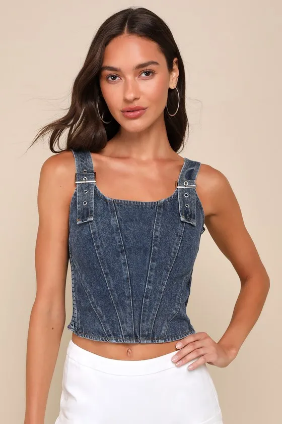 Popular Icon Dark Wash Denim Bustier Crop Top sold by Lulus