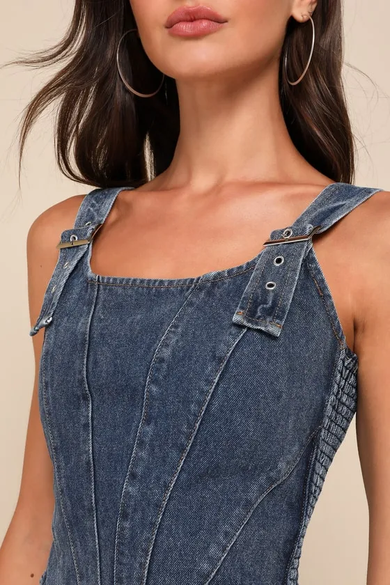 Popular Icon Dark Wash Denim Bustier Crop Top sold by Lulus product image thumbnail 4