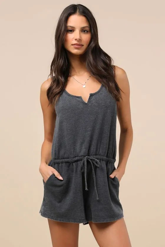 Perfect Lazy Day Charcoal Sleeveless Drawstring Lounge Romper sold by Lulus