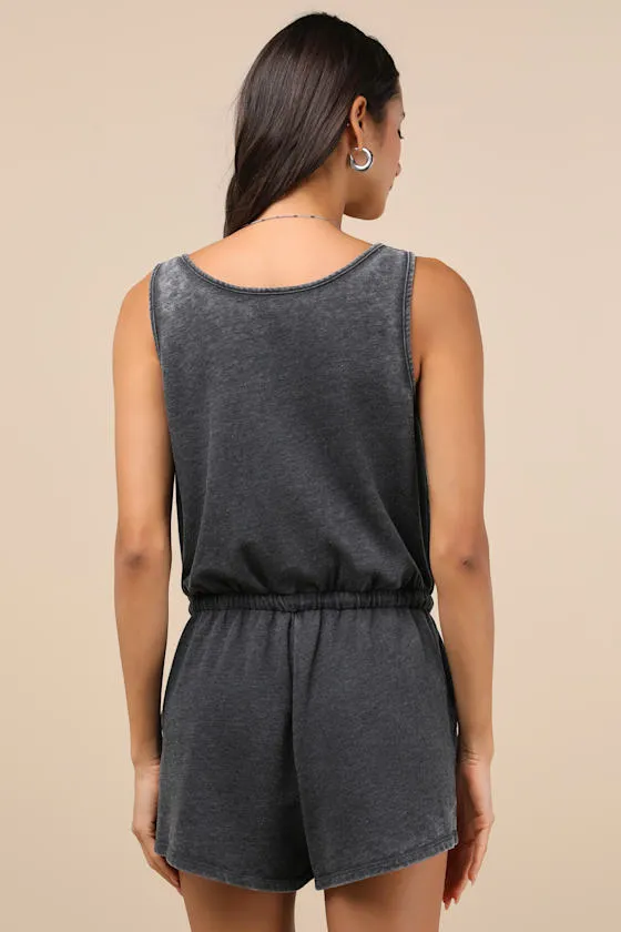 Perfect Lazy Day Charcoal Sleeveless Drawstring Lounge Romper sold by Lulus product image thumbnail 2