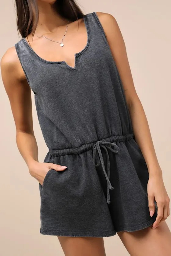 Perfect Lazy Day Charcoal Sleeveless Drawstring Lounge Romper sold by Lulus product image thumbnail 4