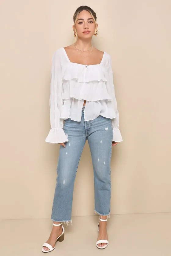 Tier Decadence Ivory Tiered Ruffled Long Sleeve Button-Up Top sold by Lulus product image thumbnail 2