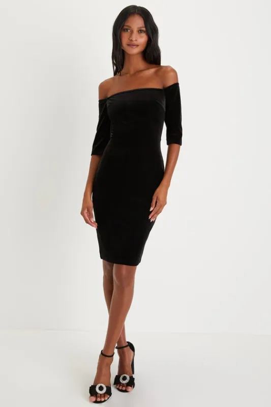 Girl Can't Help It Black Velvet Off-The-Shoulder Midi Dress sold by Lulus