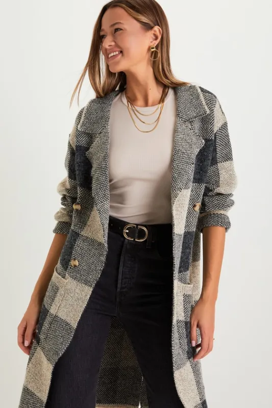 Cuddle Club Beige and Black Plaid Long Sleeve Coatigan sold by Lulus